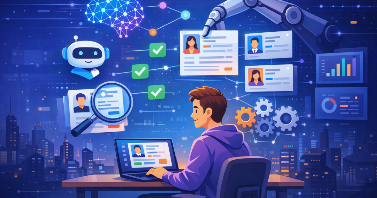 AI-инструменты для рекрутера — иллюстрация с нейросетью, чат-ботом и резюме