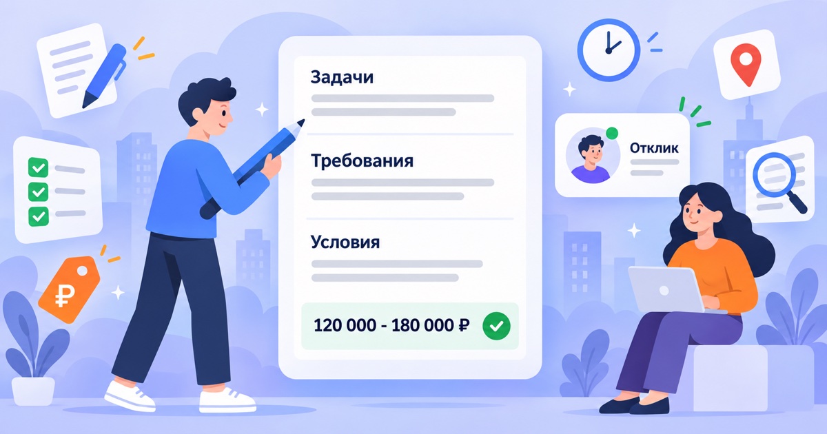 Как написать вакансию: структура текста из блоков «Задачи», «Требования», «Условия» и строка с зарплатной вилкой