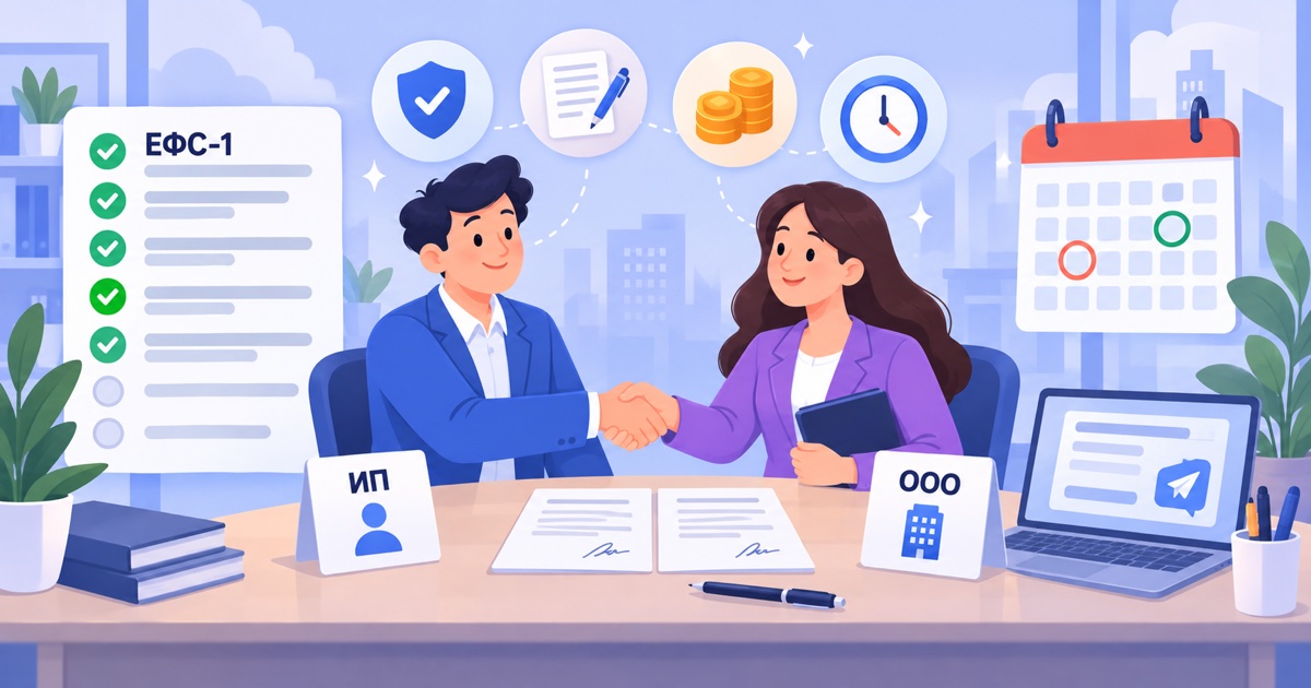 Как принять сотрудника на работу в ИП и ООО: предприниматель подписывает трудовой договор с новым сотрудником, рядом чек-лист из семи шагов и календарь отчётов