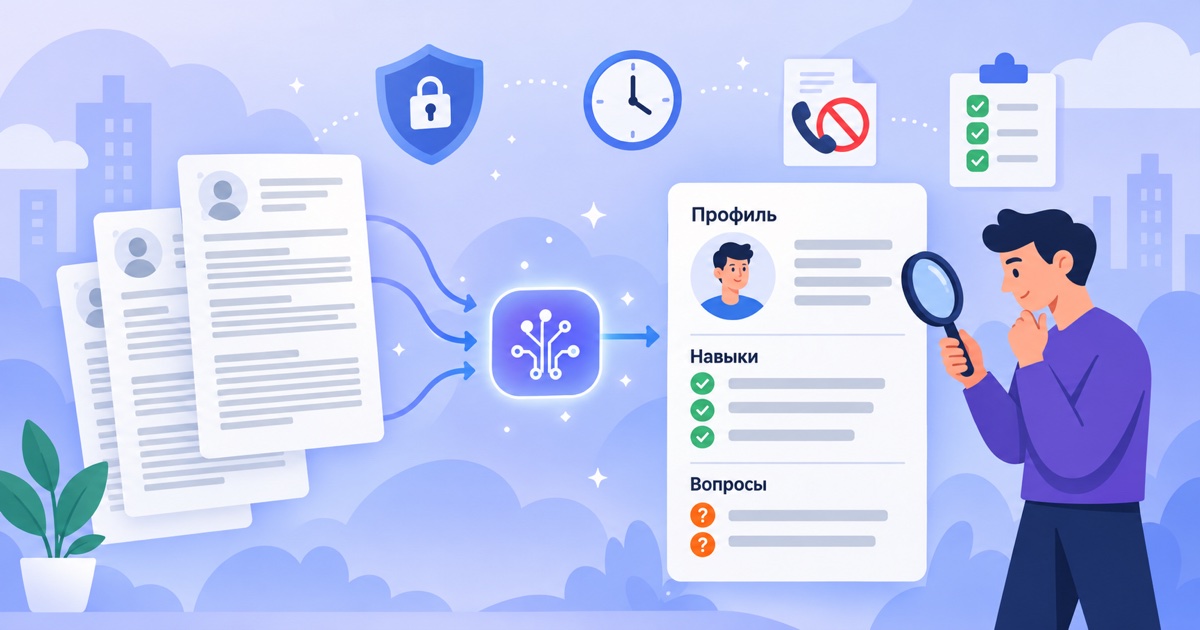 Нейросеть для разбора резюме: стопка резюме превращается в карточку кандидата с блоками «Профиль», «Навыки», «Вопросы»