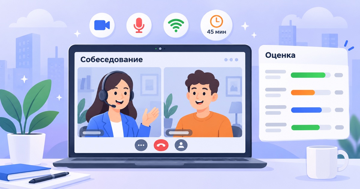 Онлайн-собеседование: рекрутер и кандидат на экране видеозвонка, рядом оценочный лист и чек-лист