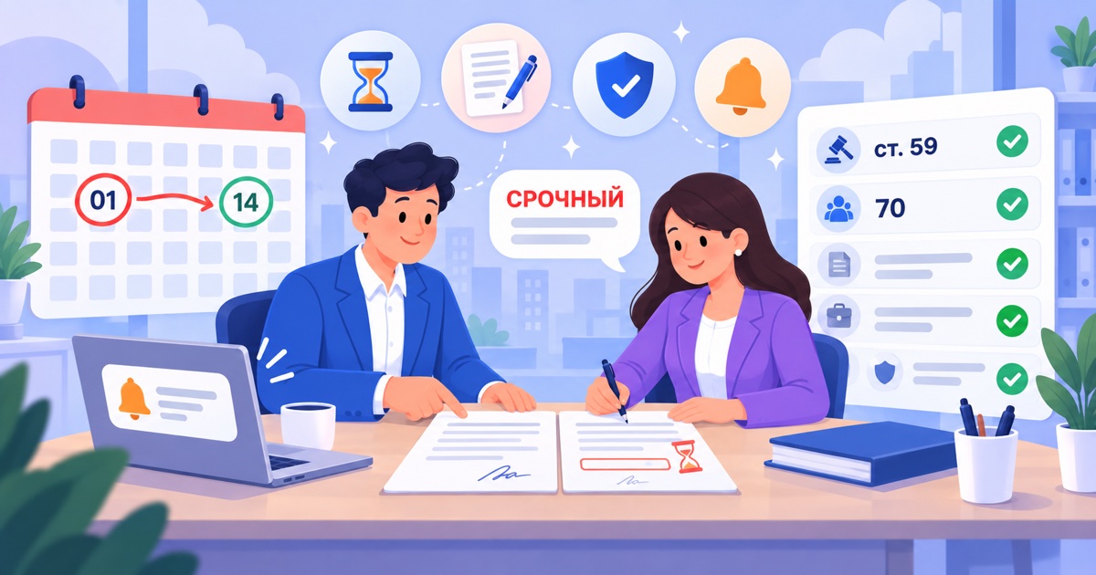 Срочный трудовой договор: работодатель и сотрудник подписывают договор с датой окончания, рядом календарь с отмеченным сроком и таблица оснований