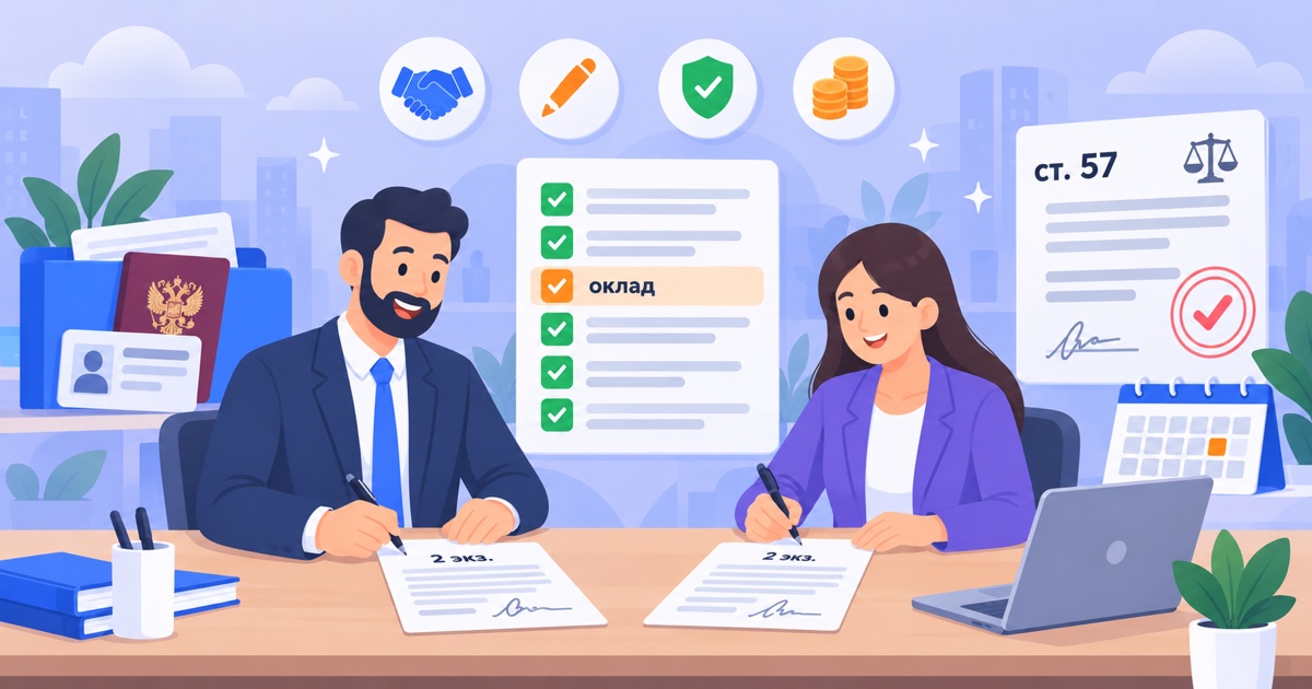 Трудовой договор с работником: работодатель и новый сотрудник подписывают два экземпляра договора, рядом чек-лист обязательных условий по ст. 57 ТК РФ