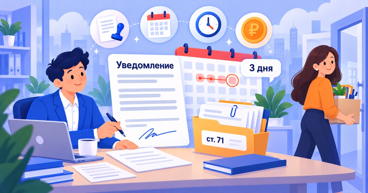 Увольнение на испытательном сроке: уведомление о расторжении трудового договора, календарь с отсчётом трёх дней и папка с докладными записками