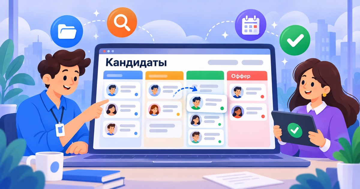 ATS-система: канбан-доска с карточками кандидатов по этапам подбора