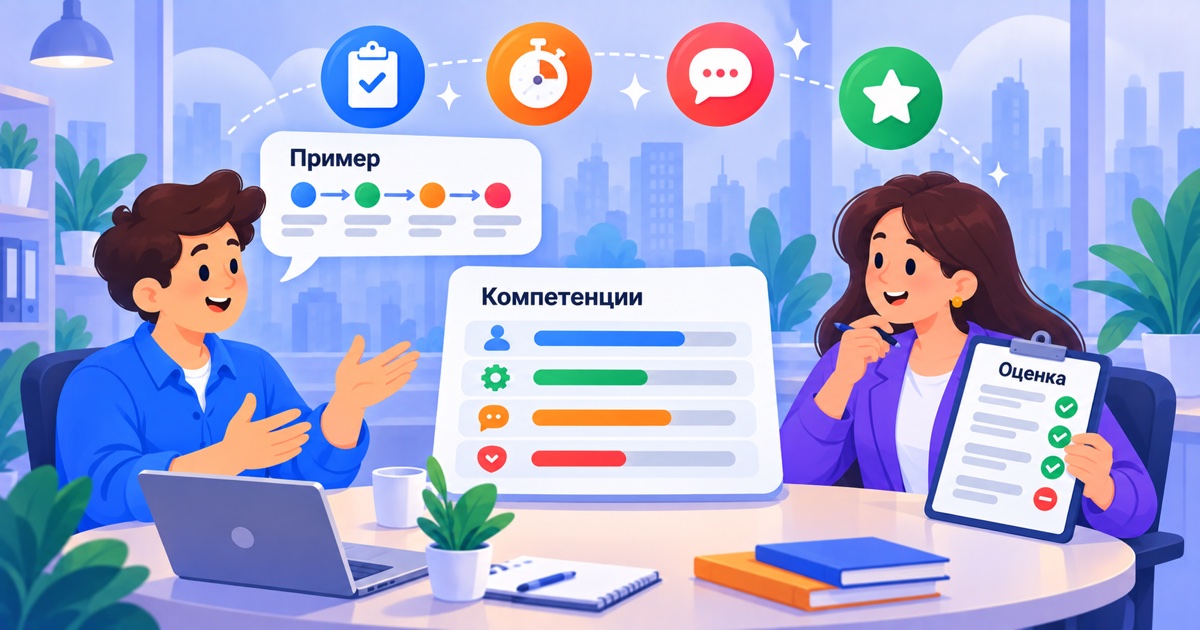 Интервью по компетенциям: интервьюер отмечает индикаторы в протоколе, пока кандидат рассказывает о ситуации из работы