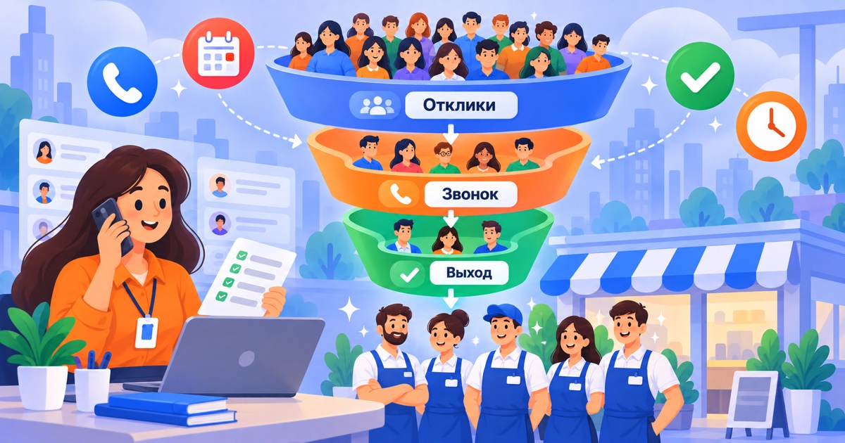 Массовый подбор персонала: воронка из откликов сужается до группы вышедших на смену сотрудников, рядом рекрутер с телефоном